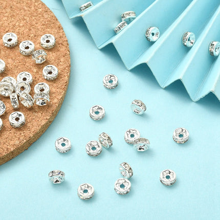 Brass Rhinestone Spacer Beads – Grade A Rondelle with Straight Flange, Crystal Silver Finish
