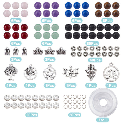 DIY Yoga Bracelet Kit – Mixed Gemstone Round Beads with Tree of Life, Star, Lotus & Hamsa Pendants