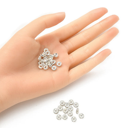 Brass Rhinestone Spacer Beads – Grade A Rondelle with Straight Flange, Crystal Silver Finish