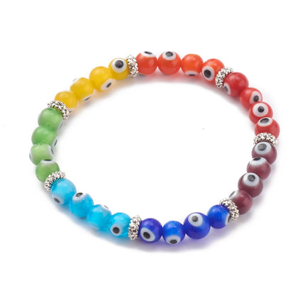 Kids Rainbow Evil Eye Stretch Bracelet – 6mm Lampwork Beads with Antique‑Silver Alloy Spacers, Colorful