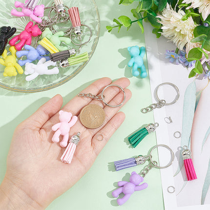 Acrylic Bear Keychain Making Kit – Mixed Colours with Faux Suede Tassels & Iron Findings (Box Set)