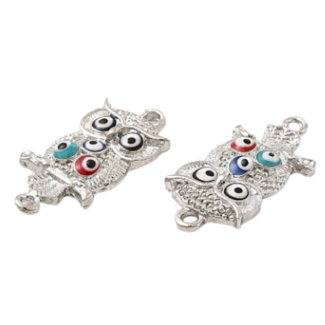 Owl Evil Eye Connector Charm – Nickel-Plated Enamel Alloy Link (25×13mm)