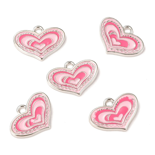 Pink Enamel Heart Charm Pendant – Platinum Alloy, Perfect for Mother’s Day Jewelry
