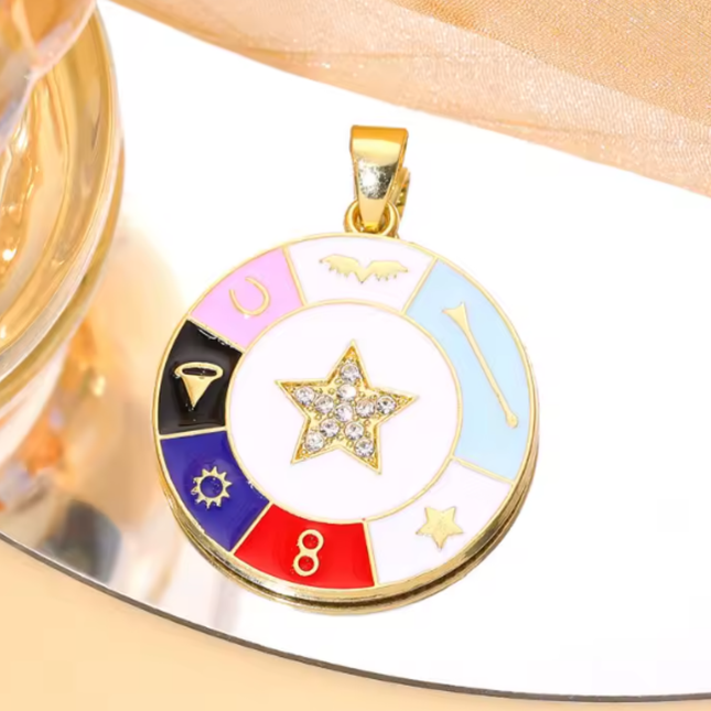 Round Multi‑Symbol Turkish Evil Eye Pendant – 36×30mm Crystal Charm in Gold or Silver for DIY Jewelry Making